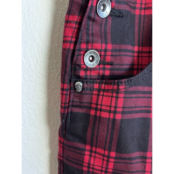 Hot Topic XL Shortalls Romper Goth Red Plaid Rockabilly Skull Bib Shorts Grunge - Picture 3 of 4